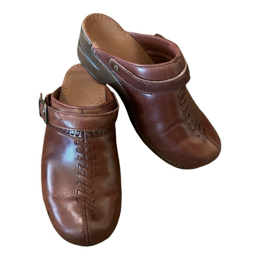 Dansko Brown Leather Clogs Braided Women's Comfort Backless Heel Strap 38 7.5-8